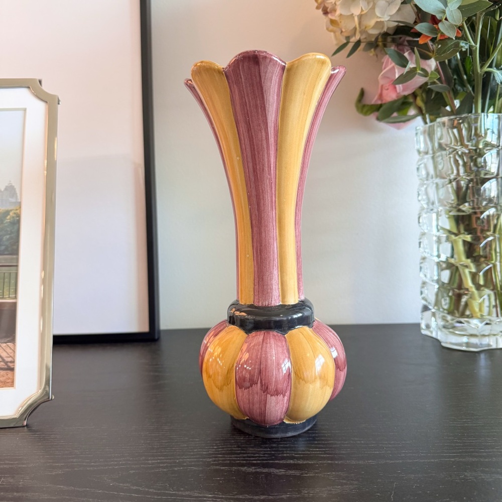 Mackenzie Childs Toquacy Frank Mustard Trumpet Stripe retired Vase